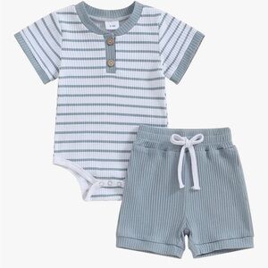 Blue Striped Ribbed Baby Short Set – 0–3 Months